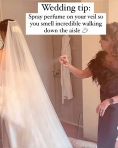 a woman standing in front of a wedding dress with the caption saying, wedding tip spray perfume on your veil so you smell incrediblely walking down the aisle