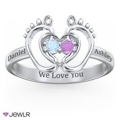 An adorable gift for a new Mom, this ring features sparkling birthstones set within a delicate heart and cushioned between tiny feet. Personalize with your choice of round-cut gemstones or premium cubic zirconia to represent baby and Mom or siblings. Design in sterling silver, white, yellow, or rose gold and add a base engraving for a sentimental touch. Heart Shaped Birthstone Ring With Diamond Accents, Personalized Cubic Zirconia Rings For Birthday, White Sterling Silver Heart Ring With Birthstone, Personalized White Heart Ring For Wedding, Personalized Heart Cut Birthstone Ring For Gift, Personalized Heart Cut Birthstone Ring As Gift, Personalized White Heart Cut Ring, Personalized Silver Heart Cut Birthstone Ring, Personalized Heart Cut Sterling Silver Birthstone Ring