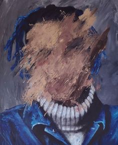 an oil painting of a man's face with hair blowing in the wind and wearing a blue jacket