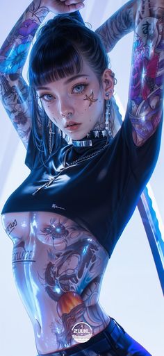 a woman with tattoos and piercings on her body is posing for a photo in front of the camera