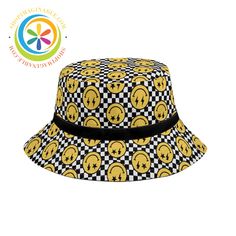 Show off your bright, playful spirit with the Happy Face Bucket Hat! This lightweight hat features a black and yellow checkered pattern covered in cheerful happy faces. Make a bold statement and spread joy wherever you go in this bright and quirky hat. Great for both men and women, it adds a fun pop of color and personality to any outfit. With its happy face print and vibrant colors, this hat is sure to put a smile on your face. Gift one to a friend to help them embrace the whimsical and delightfully playful. Ditch the dull and boring - the Happy Face Bucket Hat will liven up your look! We create Funky Hats for EVERYONE which look amazing all the time...Wear them out for any occasion, any condition - new or old and of course, at any time of the year! Live life in full color with our Bucket Black Retro Bucket Hat For Summer, Fun Black Bucket Hat For Spring, Black Fun Bucket Hat For Summer, Fun Black Bucket Hat For Summer, Fun Black Summer Bucket Hat, Trendy Yellow Hat For Streetwear, Trendy Yellow Streetwear Hat, Trendy Adjustable Yellow Hat, Black Adjustable Funky Hats