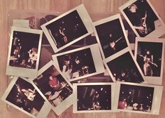 several polaroid photos of people playing guitars and drums on a wooden table with white trim around them