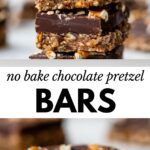 no bake chocolate pretzel bars stacked on top of each other with the words, no bake chocolate pretzel bars