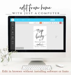 a desktop computer sitting on top of a desk next to a keyboard and mouse with the words, edit in browser without installing software or font