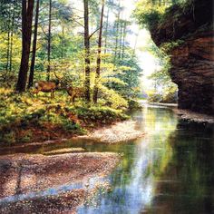 an oil painting of a stream in the woods