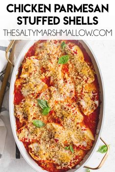 chicken parmesan stuffed shells in a casserole dish with text overlay