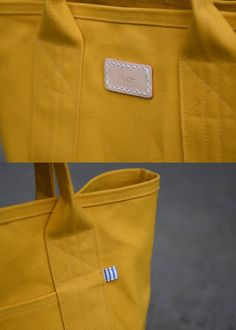 two pictures of a yellow bag with white tags on the front and back sides, one is empty