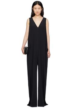 Black Walrus Jumpsuit by Rick Owens on Sale Sleek V-neck Jumpsuits And Rompers For Work, Elegant Wide Leg Jumpsuits And Rompers With Pockets, Sleek Formal Jumpsuits And Rompers With V-neck, Sleek Formal V-neck Jumpsuits And Rompers, Chic Formal Jumpsuits And Rompers With Pockets, Elegant Silk V-neck Jumpsuits And Rompers, Elegant Silk V-neck Jumpsuit, V-neck Jumpsuits With Pockets For Night Out, V-neck Jumpsuit With Pockets For Night Out