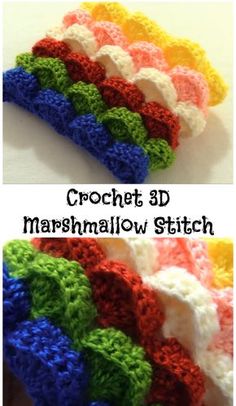 the crochet 3d marshmallow stitch pattern is shown in three different colors