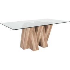 a glass and wood table with two wooden bases on each side, against a white background