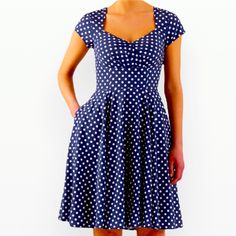 Vintage Style Polka Dress Approximately Measurements * Length 40” Bust 16.5” Waist 15” Condition Brand New No Tags First Pic Just For Reference No Pockets In The Actual Dress Blue Midi Dress With Fitted Bodice And Short Sleeves, Fitted Navy Summer Dress, Navy Fitted Midi Dress For Summer, Blue Midi-length Dress With Fitted Waist, Blue Casual Dress With Fitted Bodice, Casual Fitted Polka Dot Midi Dress, Blue Midi Length Dress With Fitted Waist, Blue Midi Dress With Fitted Waist, Navy Fitted Cotton Mini Dress