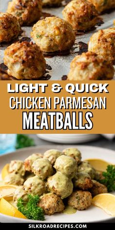 chicken and parmesan meatballs on a plate with lemon wedges