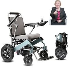 a woman giving the thumbs up next to a wheelchair with wheels on both sides and an image of a man in a suit