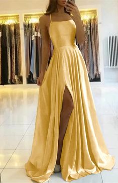 Spaghetti-Straps Prom Dress With Slit PD0178 Cute Prom Dresses Yellow, Prom Dress Inspo, Prom Dresses Yellow, Pink Prom Dress, Maxi Dress Sale