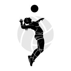 a female volleyball player jumping to hit the ball with her racket silhouetted on a white background