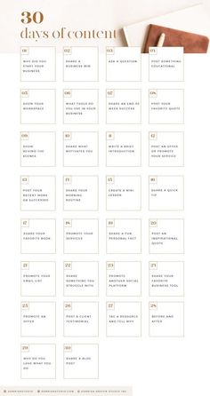 the 30 days of content calendar is shown in gold and white, with an open notepad