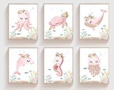 four pink sea animals with flowers on their heads and under the seaweed are framed in wood