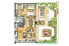 the floor plan for a two bedroom apartment with an attached bathroom and living room area