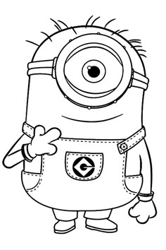 a black and white drawing of a minion holding a sign with the letter c on it