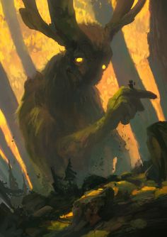 an illustration of a giant creature with glowing eyes and horns, standing in the middle of a forest