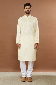 Shop for Aham-Vayam Beige Kharif Silk Cotton Kurta And Churidar Set for Men Online at Aza Fashions Beige Kurta, White Churidar, Cotton Kurta Set, Kurta Set For Men, White Pajamas, Beige Silk, Cotton Kurta, Sequins Embroidery, Fabric Silk