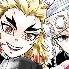 two anime characters with red eyes and blonde hair, one is wearing a black jacket