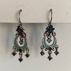 Blue And Green Vintage Dangling Earrings. Vintage Blue Dangle Earrings, Blue Metal Clip-on Jewelry, Blue Metal Clip-on Earrings, Blue Metal Chandelier Earrings For Pierced Ears, Blue Metal Drop Clip-on Earrings, Blue Metal Chandelier Earrings With Ear Wire, Blue Vintage Dangle Chandelier Earrings, Vintage Blue Dangle Chandelier Earrings, Blue Vintage Sterling Silver Earrings