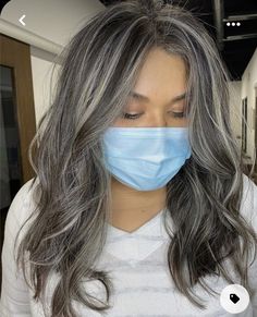 Brown Over Blonde Highlights, Brunette With Silver Balayage, Ash Brown Hair Grey Highlights, Salt And Pepper Hair In 30s, Griege Brown Hair, Midlife Crisis Hairstyles, Long Layer Shoulder Length Hair, Highlighted Grey Hair Going Gray, Smoky Gray Highlights Brown Hair