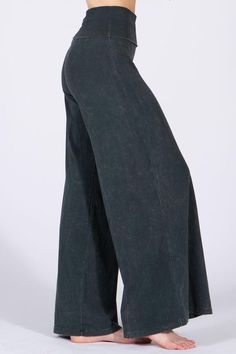 Another Fabulous Creation From Chatoyant! Soft and stretchy mineral wash wide leg pants with a wide fold-over waistband for comfort and support. Casual design in a relaxed fit, appealing on all body types for all day comfort (loungewear, everyday wear, travel, yoga, etc). Each item is hand-dyed for its unique character and american vintage laundered look, should expect variations in color and finishing. Stay Sexy! Fabric USA made Cotton/Spandex 95/5 Jersey Proudly made in the USA Cotton Straight Leg Yoga Pants For Fall, Casual Flare Cotton Yoga Pants, Dark Wash Cotton Wide Leg Pants, Washed Black Wide Leg Pants For Spring, Versatile Wide Leg Cotton Yoga Pants, Wide Leg Washed Bottoms, Fitted Wide Leg Washed Black Bottoms, Washed Black Full-length Pants For Spring, Stonewashed Straight Leg Bottoms For Fall