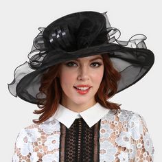 Style No : [388060] H2004-Bk-Onesize Color : Black Theme : Bow Size : One Size Loop Bow Center Large Brim Ruffle Organza Hat Black Top Hat With Wide Brim For Evening, Black Top Hat For Summer Church Events, Black Top Hat For Church In Summer, Black Summer Top Hat For Church, Black Wide Brim Top Hat For Evening, Black Evening Top Hat With Wide Brim, Black Brimmed Hats For Church, Black Top Hat For Kentucky Derby, Black Brimmed Church Hat