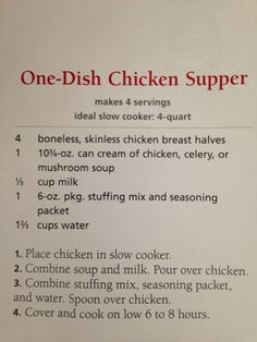 the instructions for making chicken supper are shown in this recipe book, which is open to read