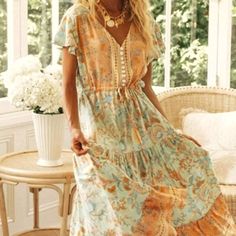 Dresses | Flowy Bohemian Dress | Poshmark Casual Boho Dress With Print For Garden Party, Beige Bohemian Dress For Brunch, Peach Floral Print Maxi Dress For Vacation, Casual Apricot Maxi Dress For Summer, Summer Peach Floral Print Maxi Dress, Apricot Short Sleeve Dress For Vacation, Bohemian Maxi Dress With Floral Print For Brunch, Flowy Hippie Boho Dress For Brunch, Flowy Beige Boho Print Dress