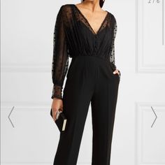 Beautiful Saloni Jumpsuit New With Tags Retails For $595 Feminine And Sexy Embroidered Tulle Elegant Fitted Pants For Cocktail, Elegant Fitted Cocktail Pants, Luxury Fitted Jumpsuit For Formal Occasions, Luxury Fitted Jumpsuit For Formal Events, Tulle Jumpsuit, Crepe Jumpsuit, Flare Jumpsuit, Ruffle Jumpsuit, Velvet Jumpsuit