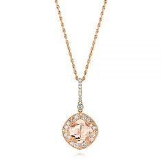 Morganite and Diamond Pendant - Three-Quarter View - 103751 - Thumbnail Cushion Cut Rose Gold Jewelry With Diamond Accents, Rose Gold Cushion Cut Jewelry With Diamond Accents, Formal Rose Gold Cushion Cut Jewelry, Elegant Cushion Cut Rose Gold Jewelry, Elegant Rose Gold Cushion Cut Jewelry, Formal Cushion Cut Jewelry With Pave Setting, Rose Gold Cushion Cut Diamond Jewelry, Filigree Pattern, Pink Morganite