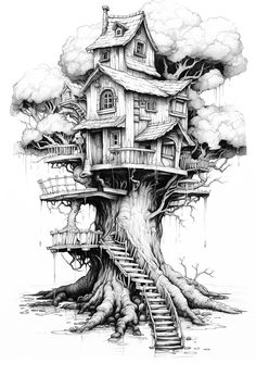 a drawing of a tree house with stairs leading up to it