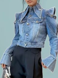 Casual look denim jacket. European design. Buttons down front closure. Pockets on front. Cotton and polyester blend fabric. Ruffled flaps details. Flare cuffs. Crop length. Bust:98 Length:59 Shoulder：36 Sleeve：58 Color may be lighter or darker depending of the device it is displayed. Long Denim Jacket Outfit, Long Denim Jacket, Distressed Jean Skirt, Denim Set, Denim Jacket Outfit, Romper And Jacket, Grown Women, Blue Jean Jacket, Stylish Clothes