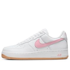 The Nike Air Force 1 Low '07 Retro 'Color Of The Month Pink Gum' is a stylish sneaker that features a white leather base with pink contrast branding. The white midsole with gum rubber outsole completes the design, along with a special toothbrush. This sneaker is perfect for any activity, from running to casual wear. The inspiration behind this design is the classic Nike Air Force 1 silhouette, making it a great addition to any sneaker collection. The White/Pink-Gum Yellow-Metallic Gold colorway is a unique combination that stands out and is sure to turn heads. Get your pair of the Nike Air Force 1 Low '07 Retro 'Color Of The Month Pink Gum' today! (AF1/SNKR/Skate/Unisex/Low Top) Pink Nike Air Force 1 Low-top For Sports, Pink High-top Nike Air Force 1 For Sports, White Nike Air Force 1 Casual Streetwear, Casual White Nike Air Force 1 For Streetwear, Pink Sneakers With Gum Sole For Light Sports, Pink Sneakers With Gum Sole For Casual Sports, Nike Air Force 1 Casual Shoes For Light Sports, Pink Nike Air Force 1 Low-top With Gum Sole, Pink Low-top Nike Air Force 1 With Gum Sole