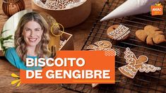 a woman is smiling next to some cookies on a grill with the words biscotto de gengibre