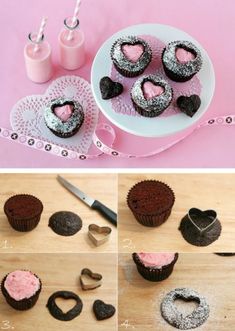 there are pictures of cupcakes with hearts on them