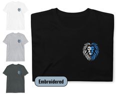 three t - shirts with the emblem of a lion on one side and an embroidered logo on the other