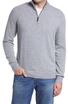 A luxuriously soft quarter-zip pullover is cut from pure cashmere for a soft, cozy finish that's hard to beat. Whether you go bold or versatile—in terms of the color—you know you'll be comfortable. 28 1/2" length (size Medium) Quarter-zip closure with leather pull-tab Long sleeves Ribbed trim 100% cashmere Dry clean By Nordstrom Men's Shop; imported Men's Sportswear Casual Cashmere Half-zip Sweater, Casual Half-zip Cashmere Sweater, Cashmere Half-zip Sweater, Gray Cashmere, Men's Sportswear, Mens Sportswear, Leather Pulls, Quarter Zip Pullover, Pull Tab