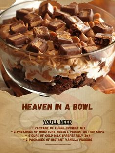 an advertisement for a brownie dessert with chocolate and marshmallows on top