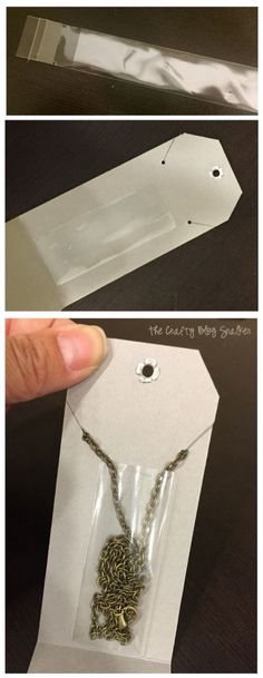 there are three pictures showing how to make a necklace out of wrapping paper and chain