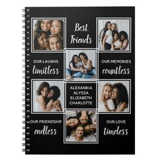 a spiral notebook with the words best friends and four pictures on it, all lined up