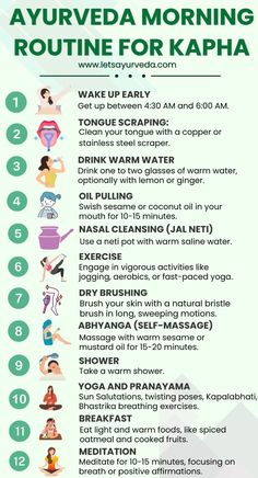 Start your day with energy and balance by following this Ayurvedic morning routine tailored for Kapha dosha. From waking up early to invigorating exercises, tongue scraping, and warm water rituals, each step is designed to rejuvenate your body and mind. Embrace dry brushing, oil pulling, and self-massage for a holistic approach to wellness. Discover the benefits of yoga, pranayama, and a light, warm breakfast to keep Kapha in check. Follow these simple steps to boost your vitality and stay balanced throughout the day! #Ayurveda #KaphaDosha #MorningRoutine #Wellness #HealthyLiving #NaturalHealth Morning Ayurveda Routine, Ayurvedic Daily Routine, Ayurvedic Schedule, Balance Kapha Dosha, Kapha Dosha Morning Routine, Kapha Dosha Breakfast, Kapha Body Type Ayurveda, Balancing Kapha Dosha, Vata Dosha Aesthetic