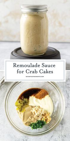 homemade sauce for crab cakes in a glass jar on a marble counter top with text overlay