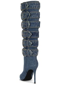 Knee-high denim stiletto boot with buckles Fits true to size Measurements taken from a size 7 4" Heel, 0.25" Platform 15" Shaft, 14" Leg Opening Fabric Upper, Leather / Fabric Lining, Synthetic Sole Buckles & Zipper closure Denim Knee High Boots, Denim Boots, Denim Shoes, Long Boots, Thigh High Boots, High Boots, Knee High Boots, Fashion Boots, Me Too Shoes