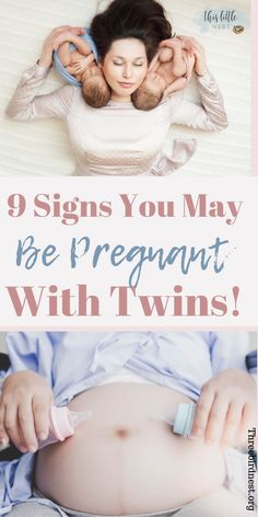 a woman laying on top of a bed next to a baby in a crib with the words 9 signs you may be pregnant with twins