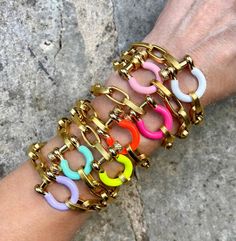 These bracelets are perfect as a stand-alone statement or for mixing in with your personal collection. I've been making them since 2020! Over that substantial time period, the clasp colors vary, sell out, etc. so I decided it was time for a new listing.  Please note sizing info, below.  The beautiful, gold filled  enamel focal piece is a strong, well-made working clasp--clasp bar unscrews to thread link end to fasten. Now offered in black, purple and light blue. Please note that the mint green i Acrylic Bracelet, Rainbow Bracelet, Clasp Bracelet, Chunky Bracelets, Genuine Turquoise, Bracelet Clasps, Jewelry Inspo, Lightning Bolt, Gold Plated Chains