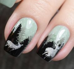 Mountain Nail Art Design, Woodland Nail Art, Hunting Nails Designs, Forest Nails Designs, Deer Nail Designs, Hunting Nail Designs, Pine Tree Nails, Wildlife Nails, Mountain Nails Designs